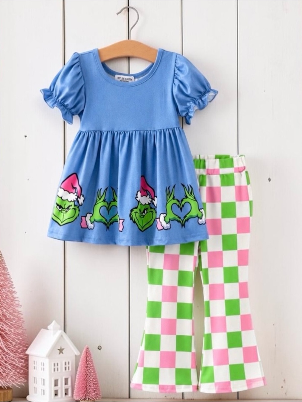 Rylee Faith Girls Christmas Grinch Outfit Blue Top Checkered Bellbottoms Size 3